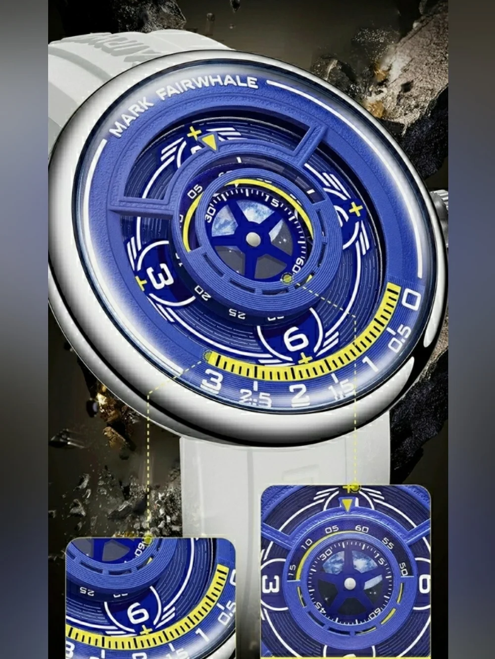 MARK FAIRWHALE Men's Personality Blue Dial Casual Sports Hollow Out White Strap